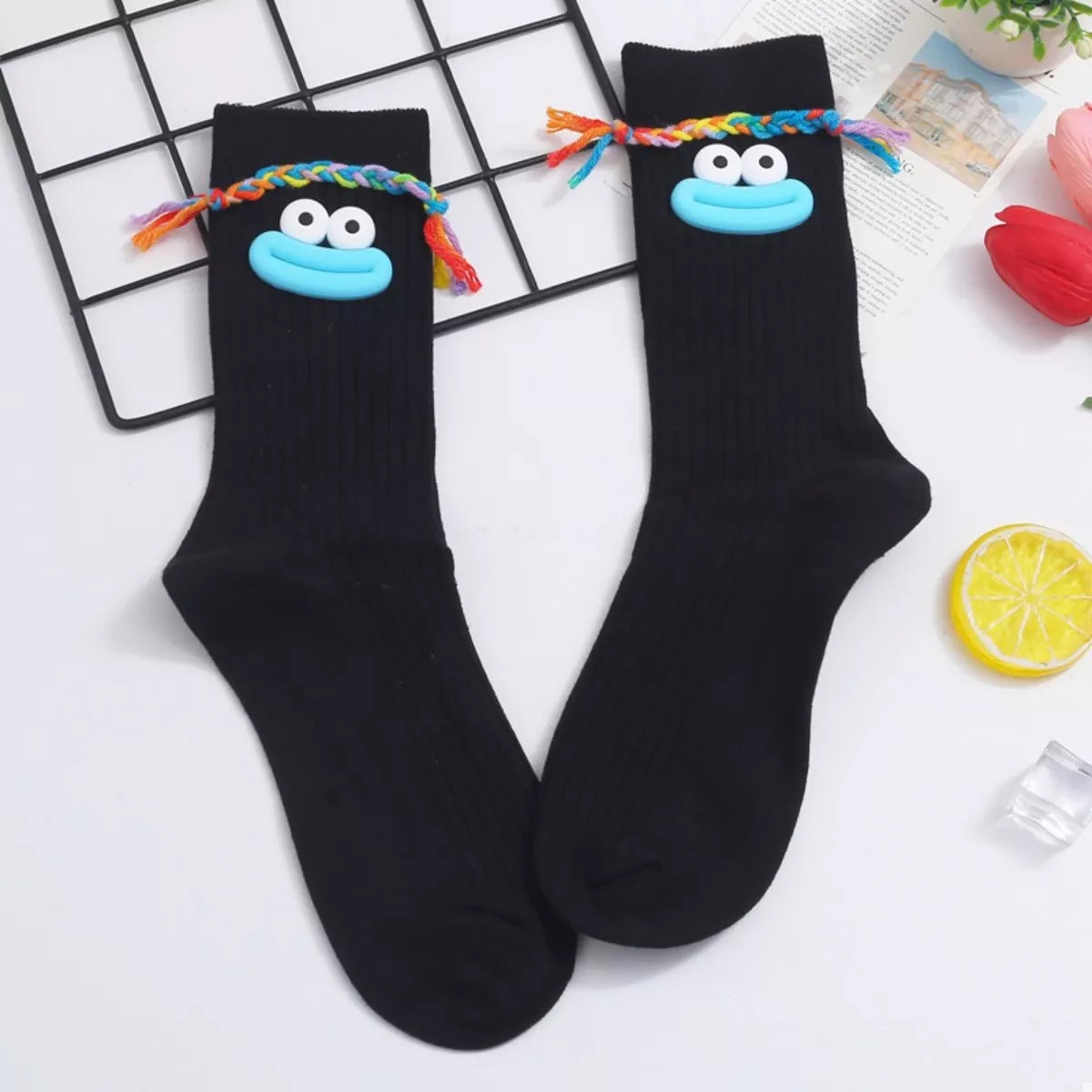 Cartoon Ribbed Knit Crew Socks Black A One Size