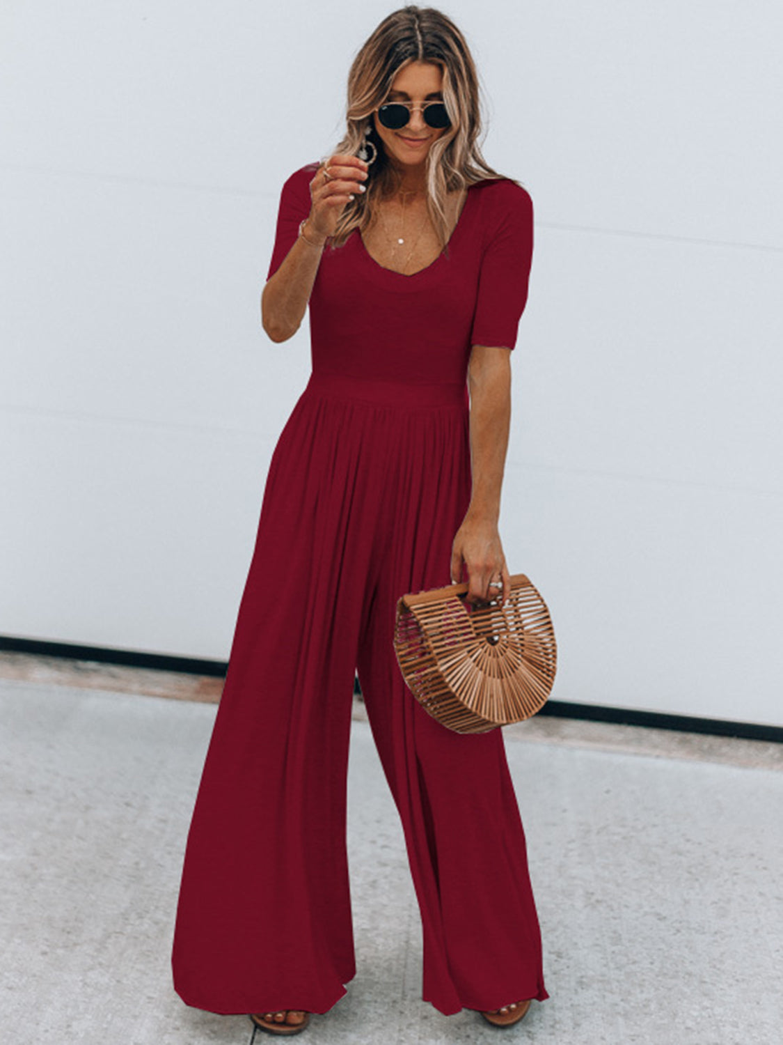 [Preorder] Scoop Neck Short Sleeve Jumpsuit [Est Ship 07/02/24] Burgundy