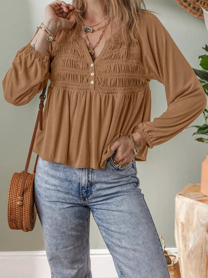 Smocked Buttoned Split V Neck Flow Fit Blouse Caramel