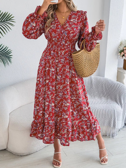 Ruffled Floral V-Neck Flounce Sleeve Dress Red