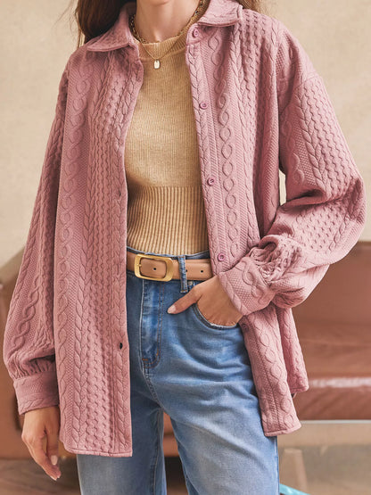 Cable Texture Puff Sleeve Loose Shacket Dusty Pink