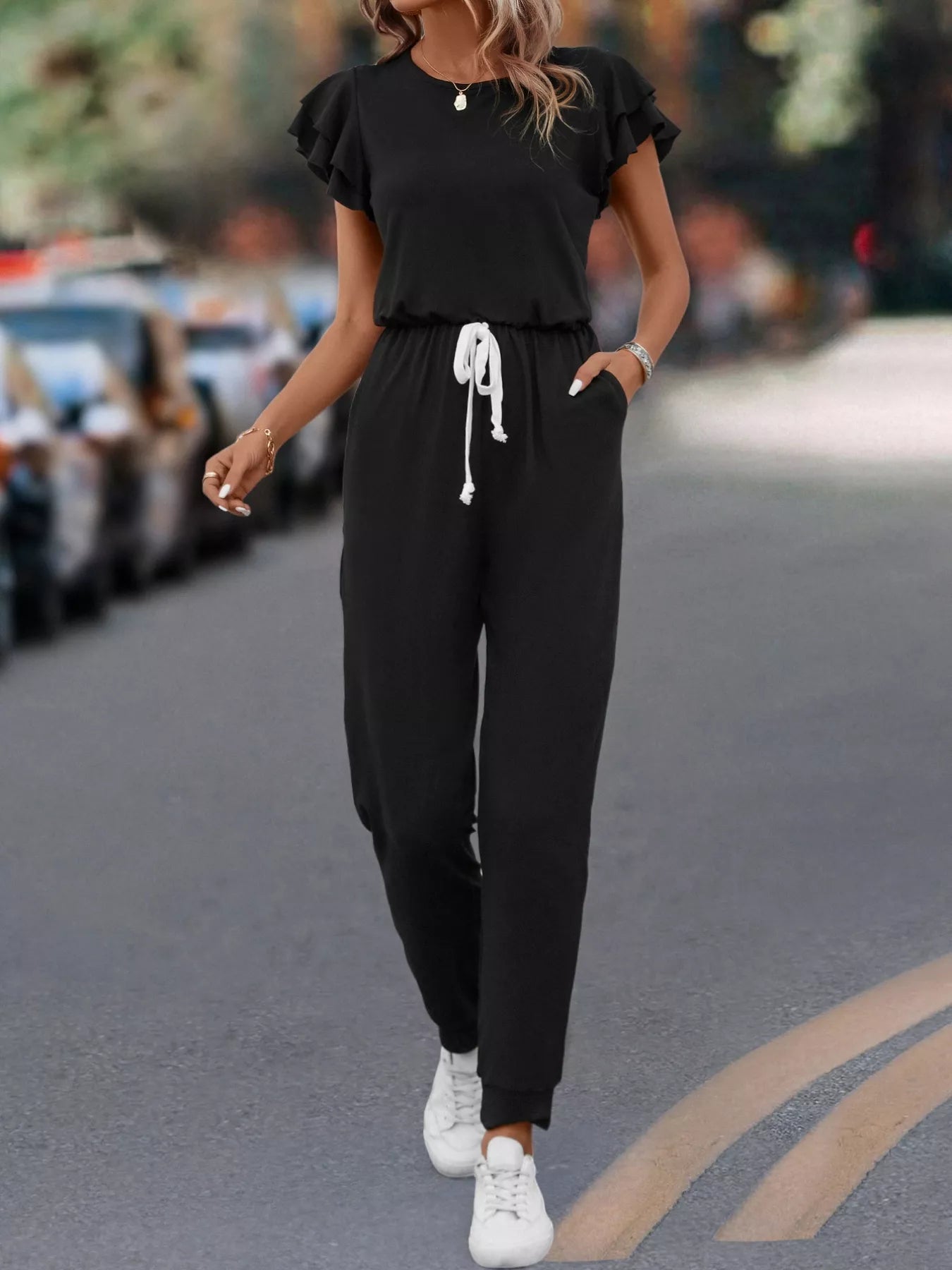 Ruffle Sleeve Drawstring Waist Casual Jumpsuit Black