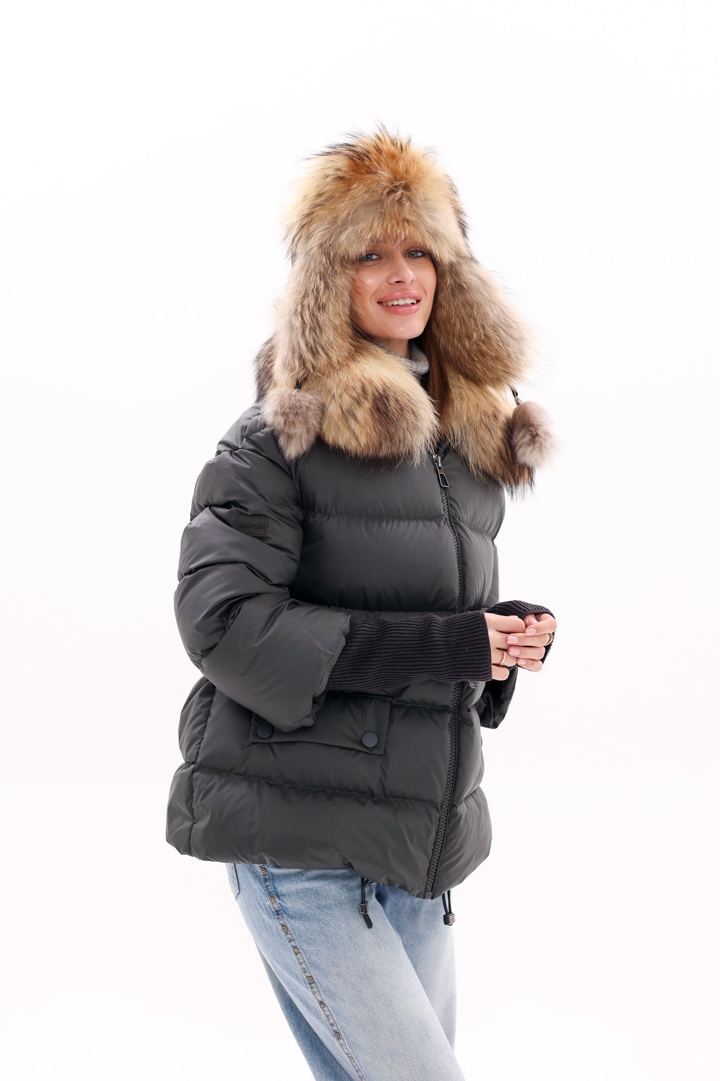 Genuine Fur Trim Down Fill Coat in Black