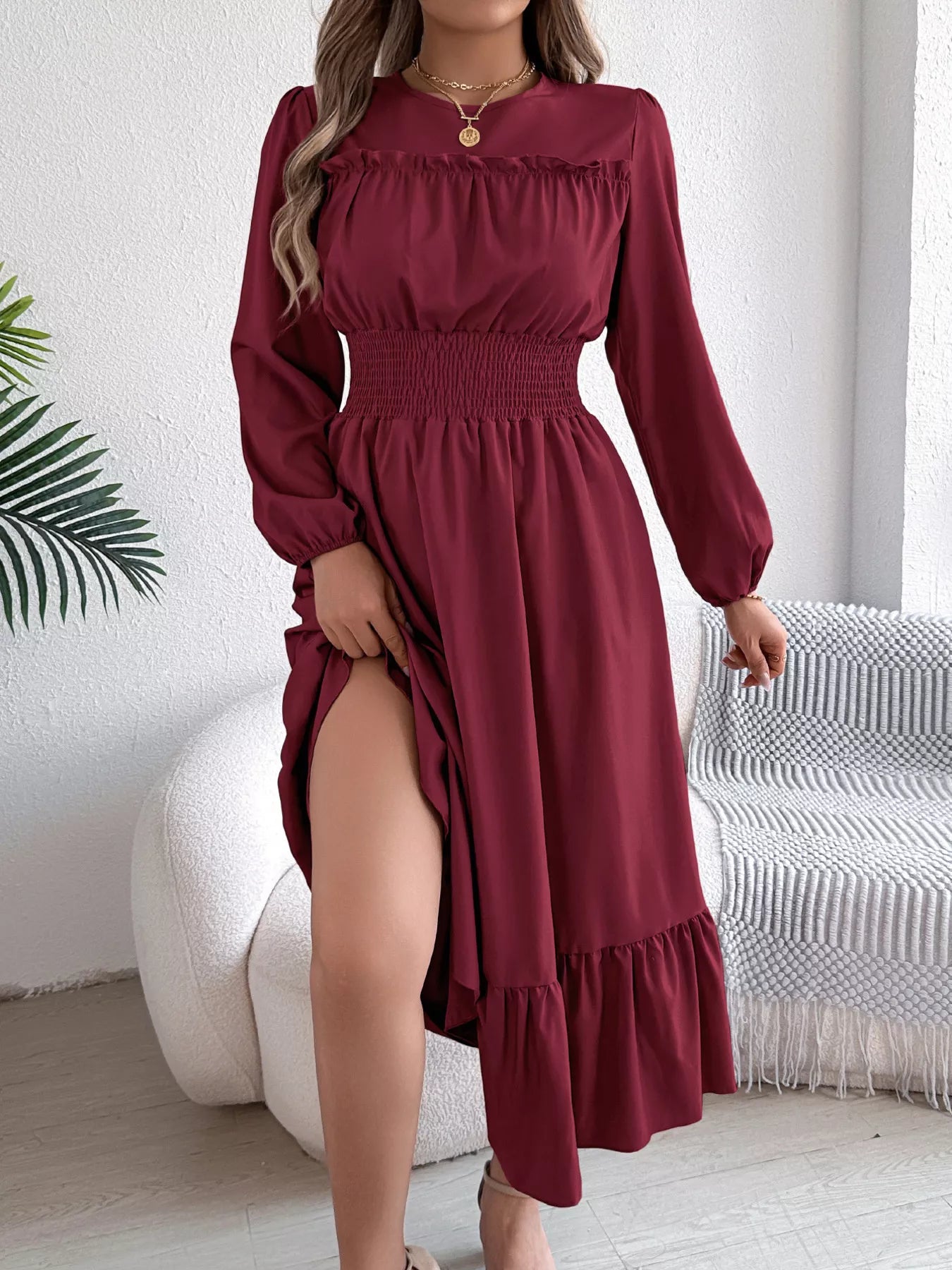 Round Neck Balloon Sleeve Tiered Dress