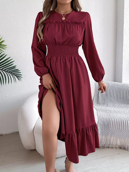 Round Neck Balloon Sleeve Tiered Dress