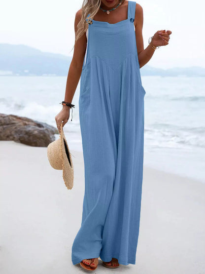 Full Size Casual Loose Wide Leg Overalls Plus Size Blue