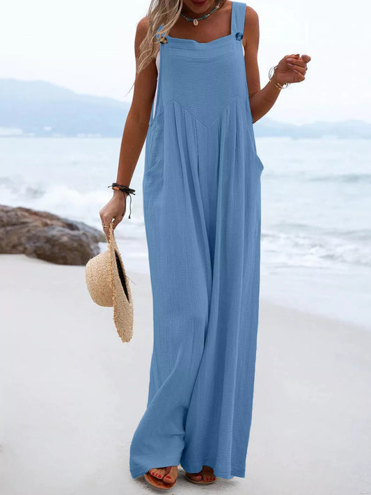 Full Size Casual Loose Wide Leg Overalls Plus Size Blue