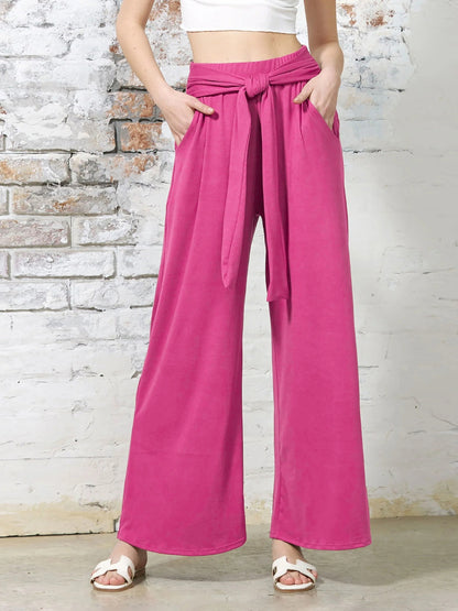 Tied Wide Leg Pants with Pockets Deep Rose