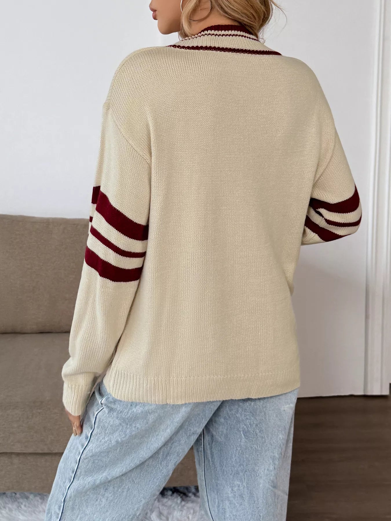 Contrast Trim V-Neck Long Sleeve Sweater