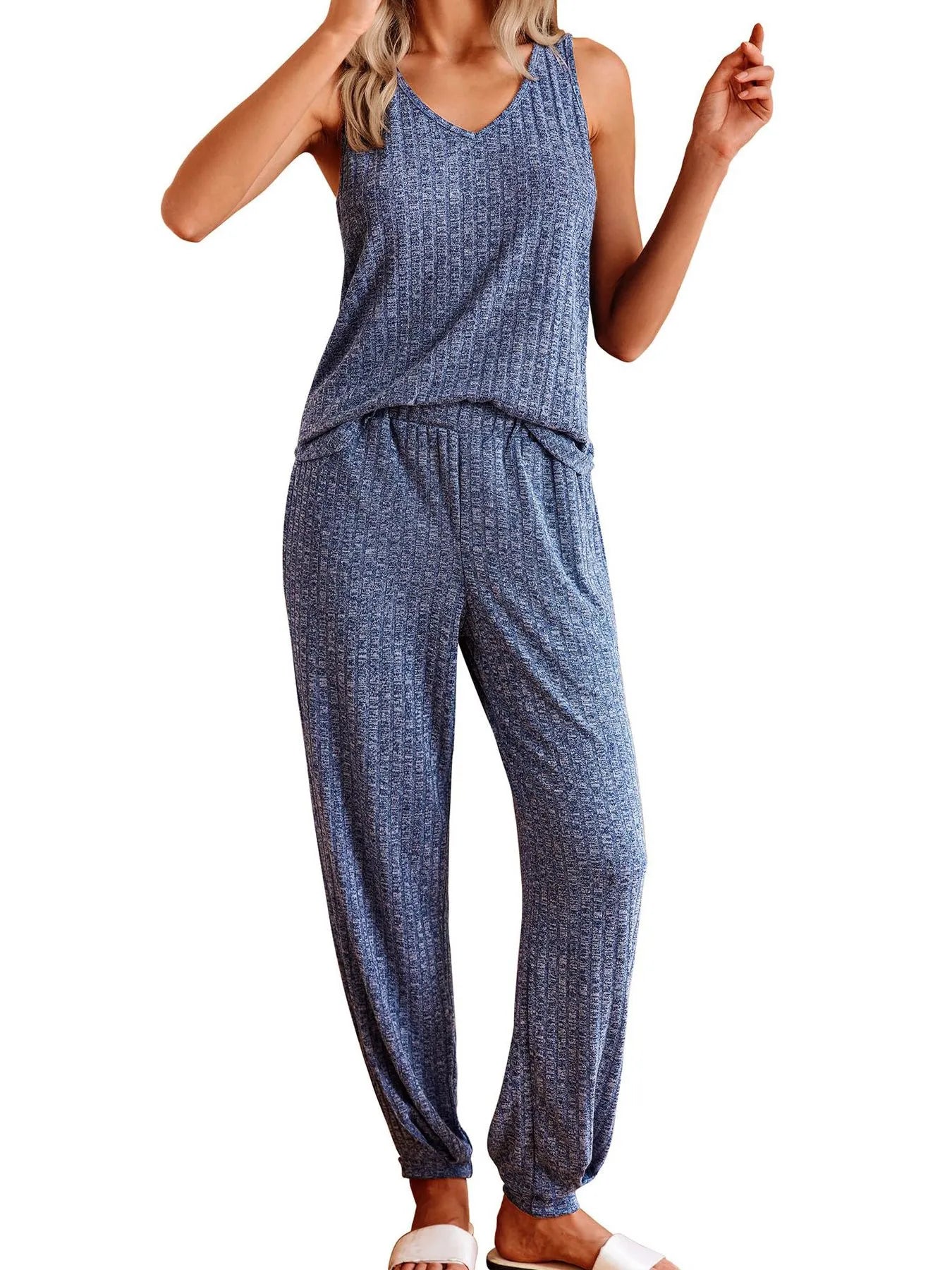 Ribbed Knit V-Neck Tank and Pants Lounge Set