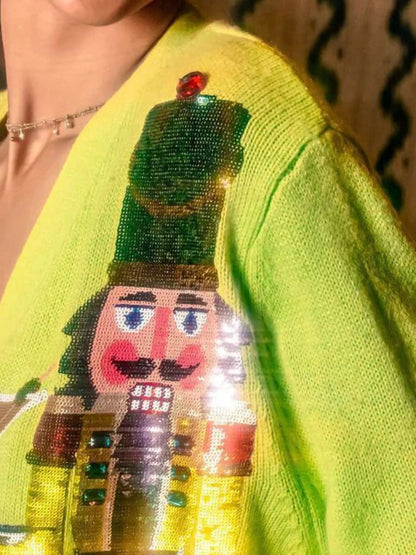 Nutcracker Ribbed Hem V-Neck Cardigan