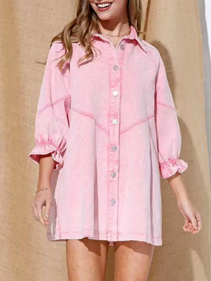 Ruffled Cuff Button-Down Denim Dress Blush Pink