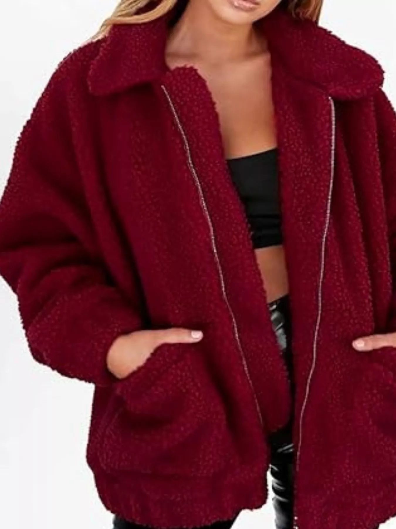 Full Size Cozy Fleece Zip Up Jacket Plus Size Burgundy