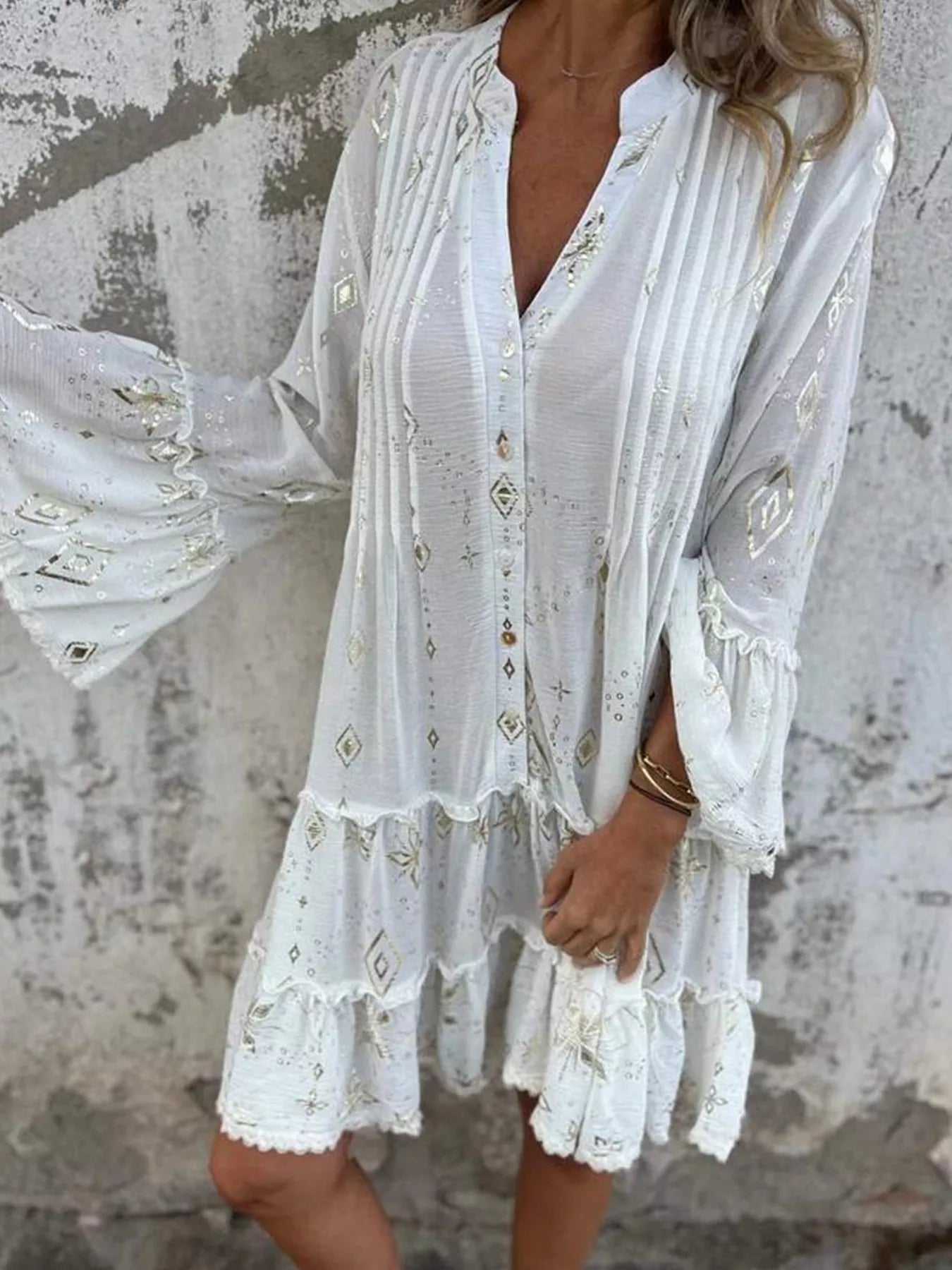 Full Size Printed Notched Flare Sleeve Dress Plus Size