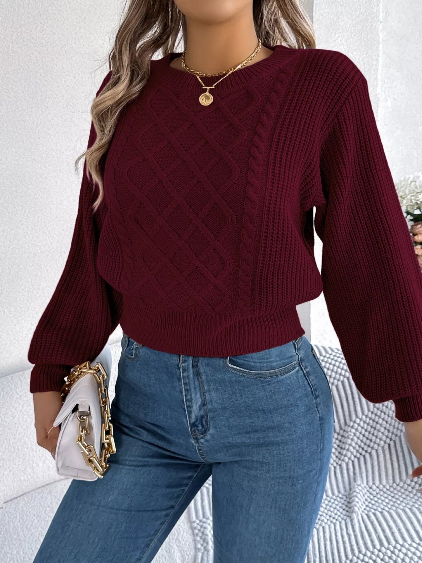Cable Knit Diamond Pattern Long Sleeve Sweater