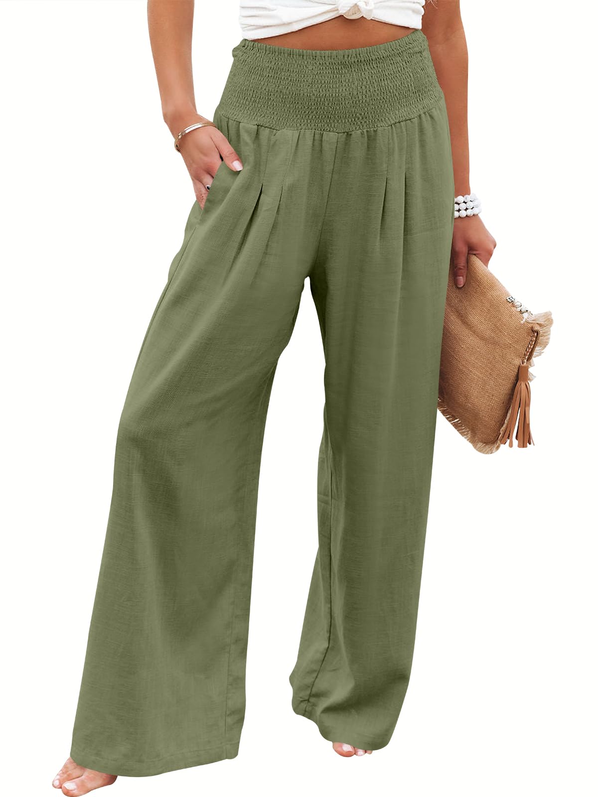 Linen Palazzo Pants Women Wide Leg High Waist Summer Boho Casual Lounge Pants Army Green