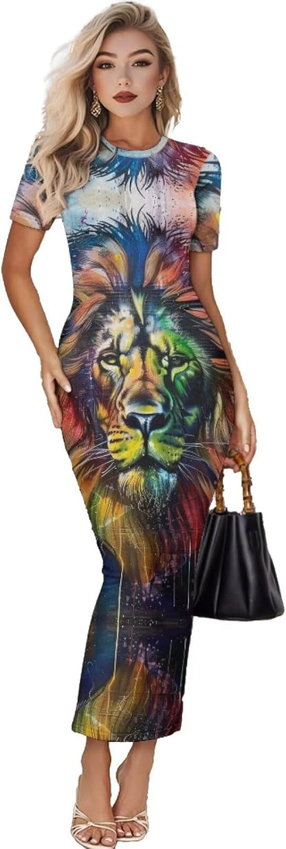 Women's Jamaican Flag Bodycon Midi Dress Short Sleeve