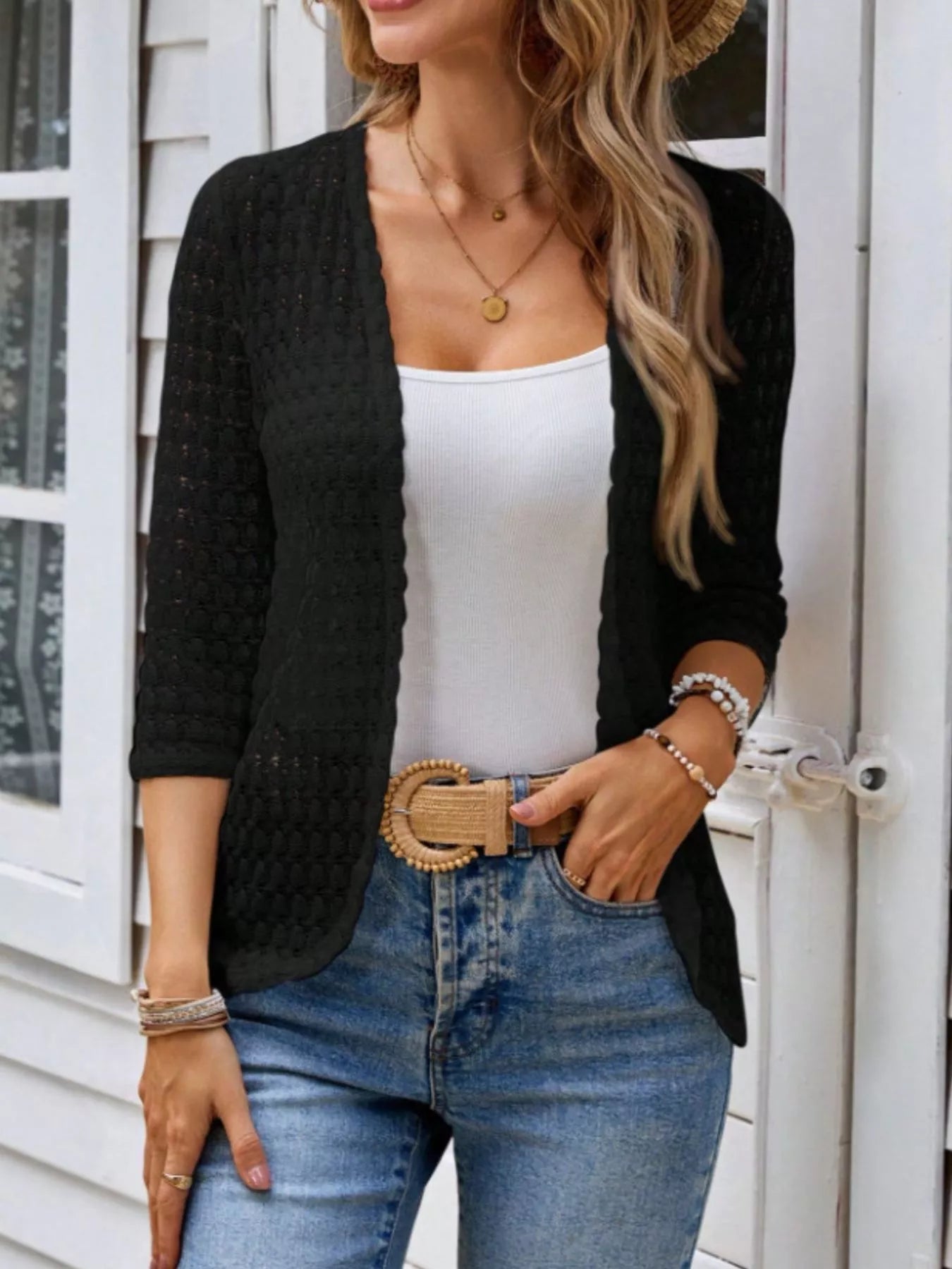 Open Front 3/4 Sleeve Cardigan