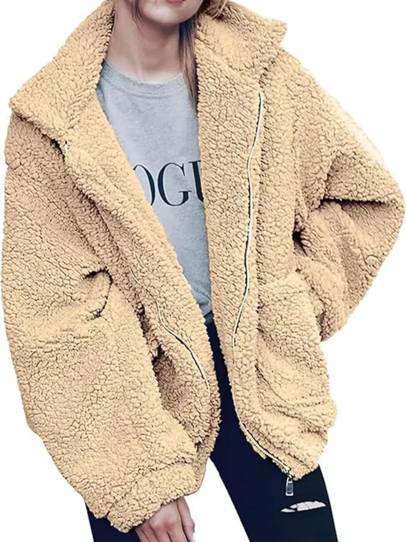 Full Size Cozy Fleece Zip Up Jacket Plus Size Tan