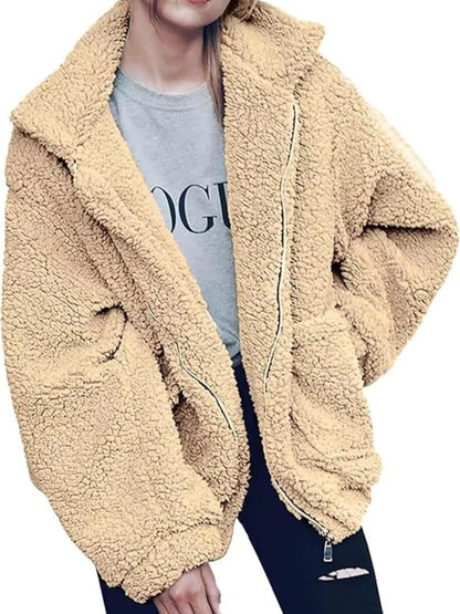 Full Size Cozy Fleece Zip Up Jacket Plus Size Tan