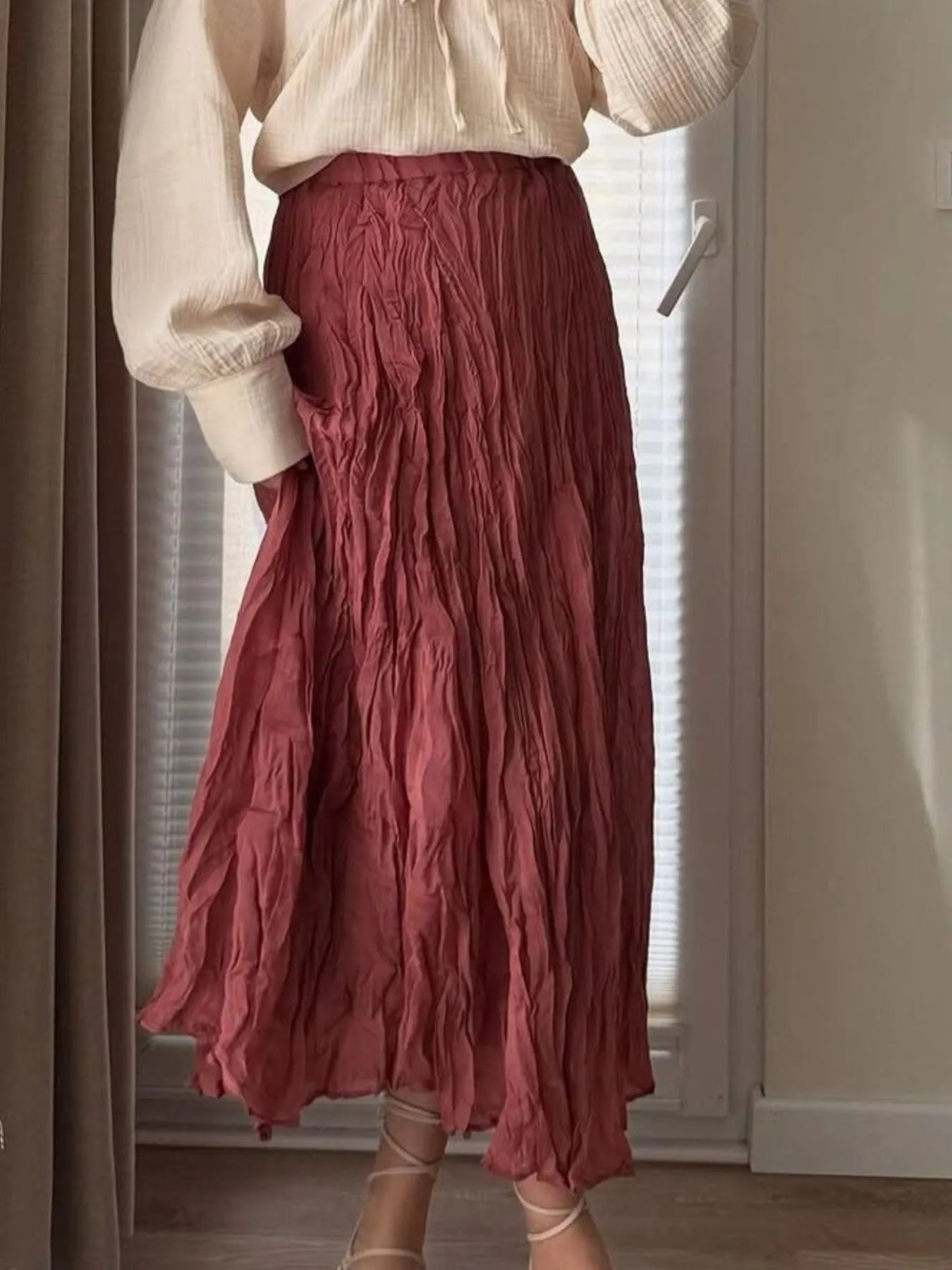 Ruched Elastic Waist Skirt Burgundy One Size