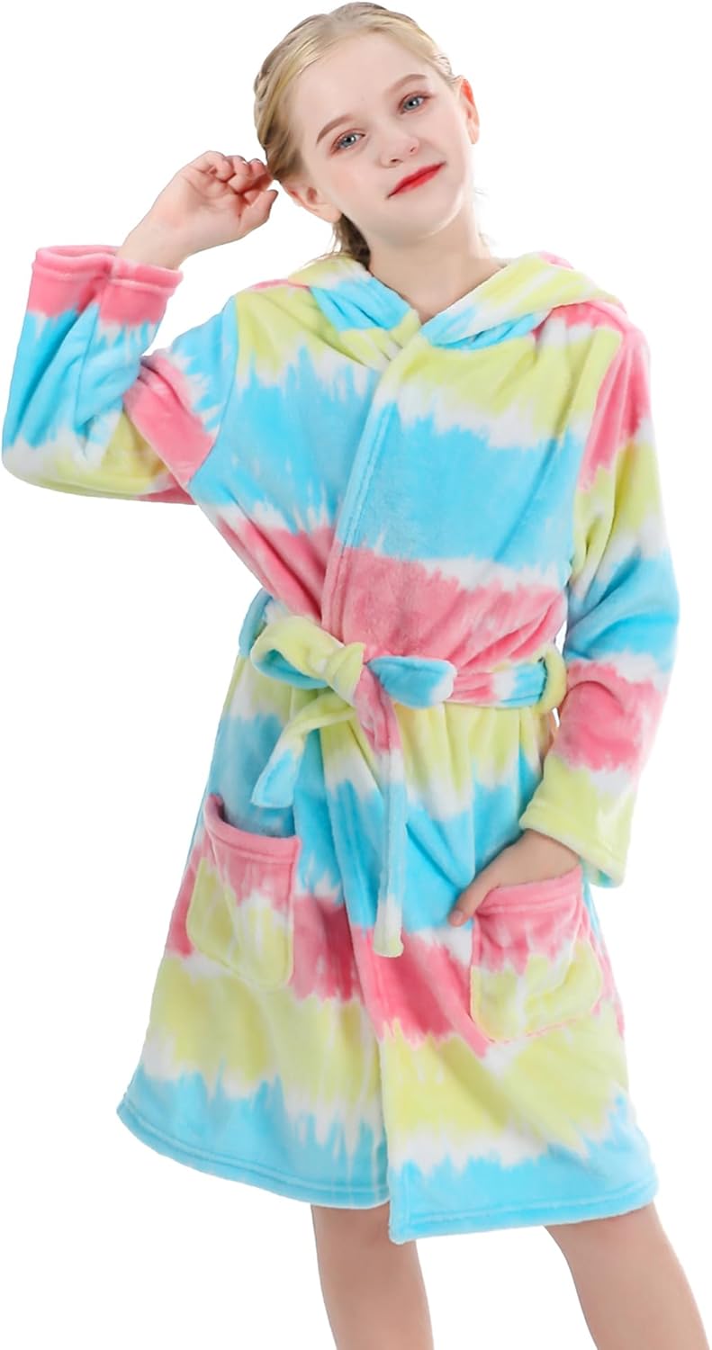 Girls Hooded Fleece Bathrobe - Soft Plush Warm Robe for Kids 3-14 Years
