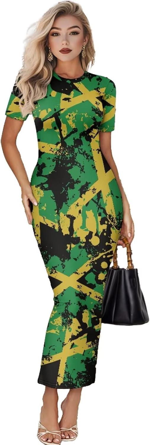 Women's Jamaican Flag Bodycon Midi Dress Short Sleeve Small Jamaican