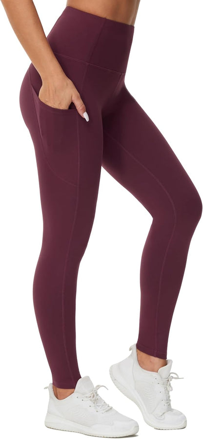 Women's High Waisted Yoga Leggings with Pockets - Thick Tummy Control Workout Pants Dark Red