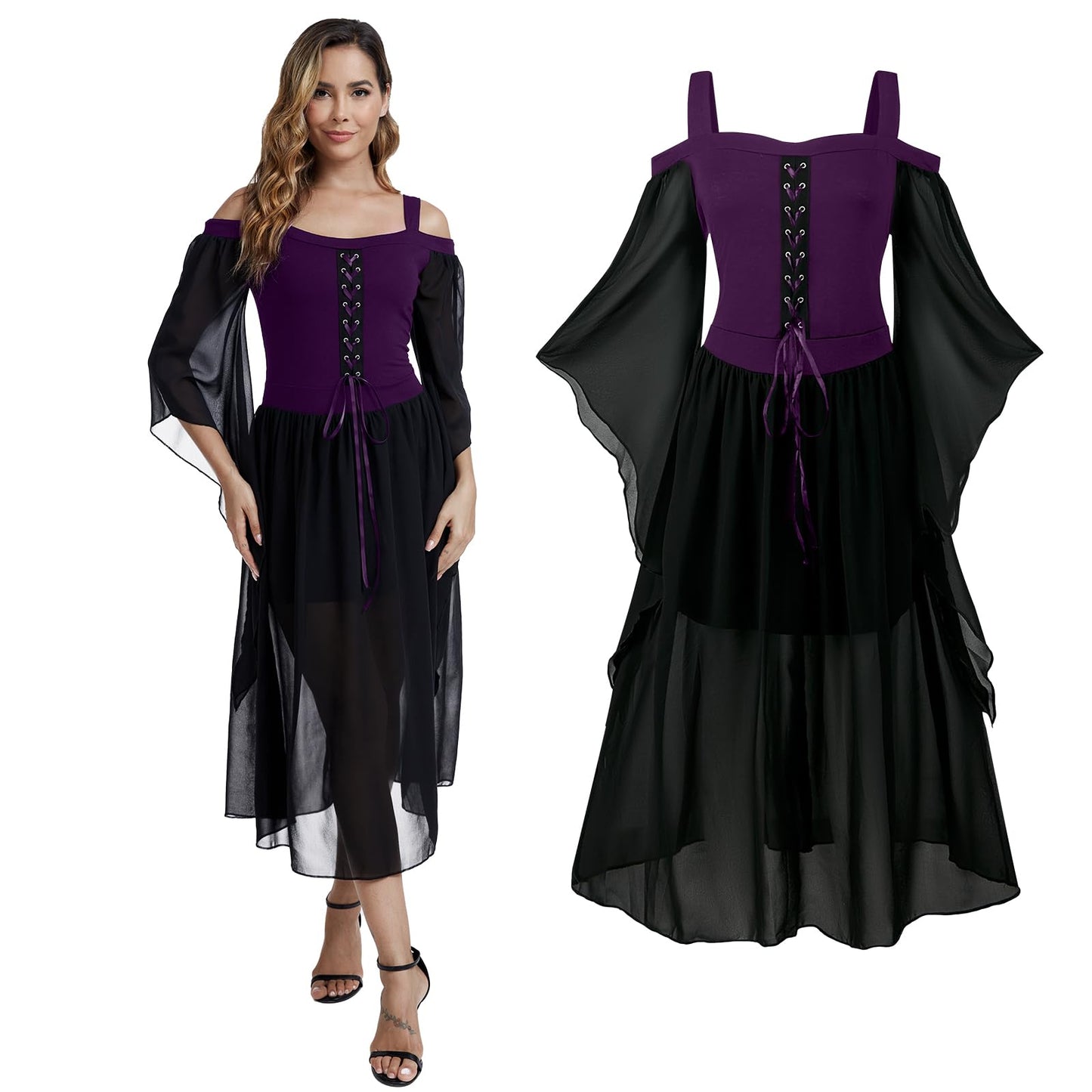 Medieval Costume Dress for Women - Renaissance Gothic Gown with Trumpet Sleeves Purple