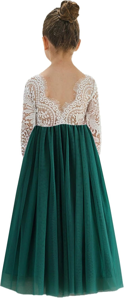 Girls Tulle Flower Girl Dress - Lace Back A-Line Party Dress Green Sleeve Maxi