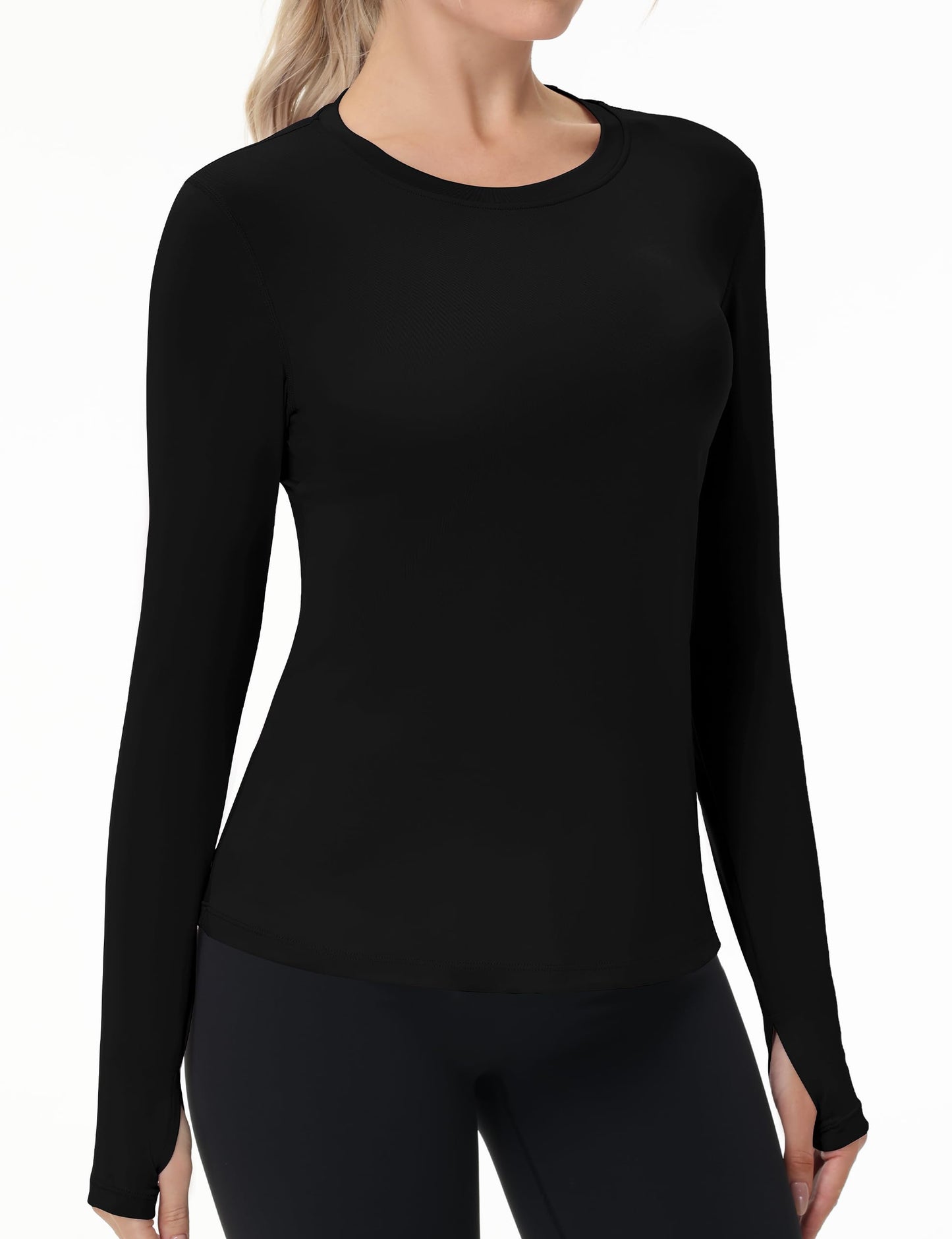 Women's UPF 50+ Sun Protection Long Sleeve Shirt - Athletic Rash Guard with Thumb Holes Thumb Hole: Black