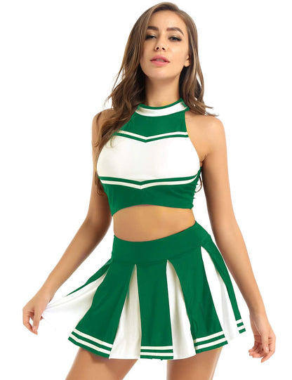 Cheerleader Costume - Women's Crop Top with Pleated Mini Skirt Uniform Green