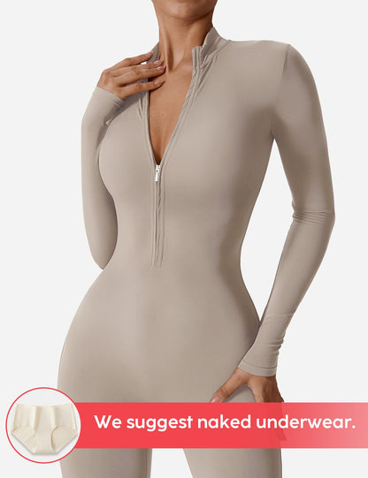 Women's Long Sleeve Workout Jumpsuit - Zip Up Bodycon Romper One Piece