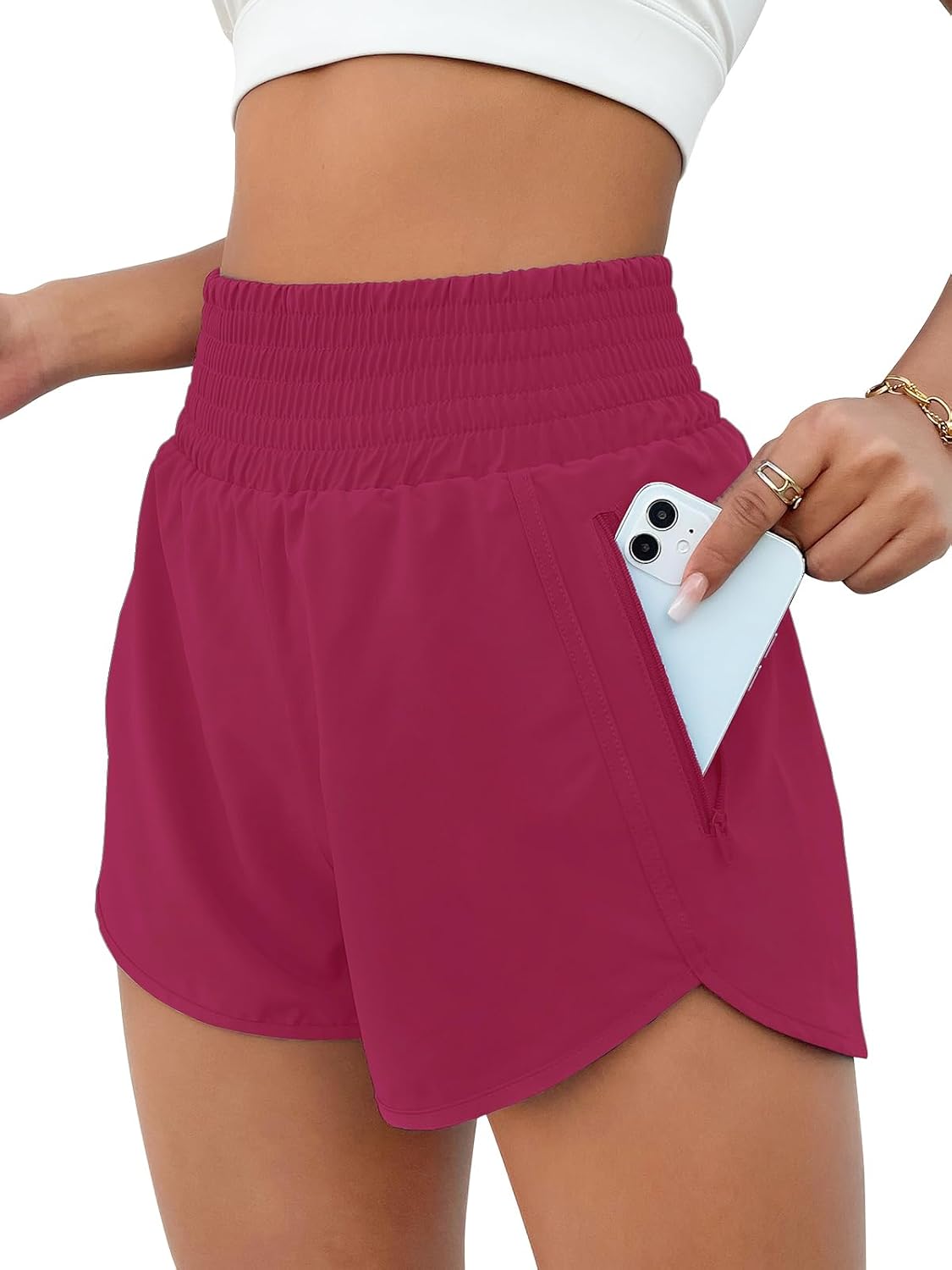 High Waisted Athletic Shorts Women Running Workout Shorts with Pockets Gym Sporty Medium Rose Red13