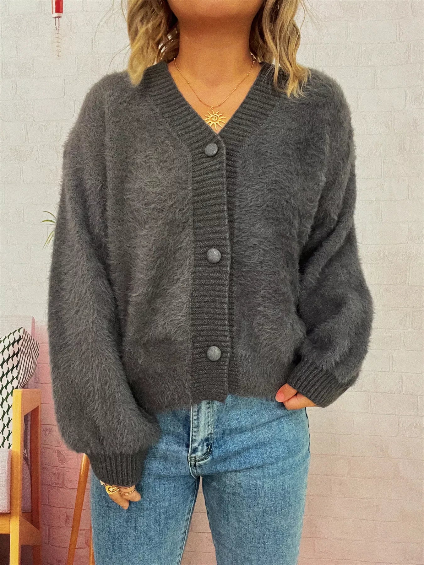 Fuzzy Button-Up Long Sleeve Cardigan Dark Gray One Size