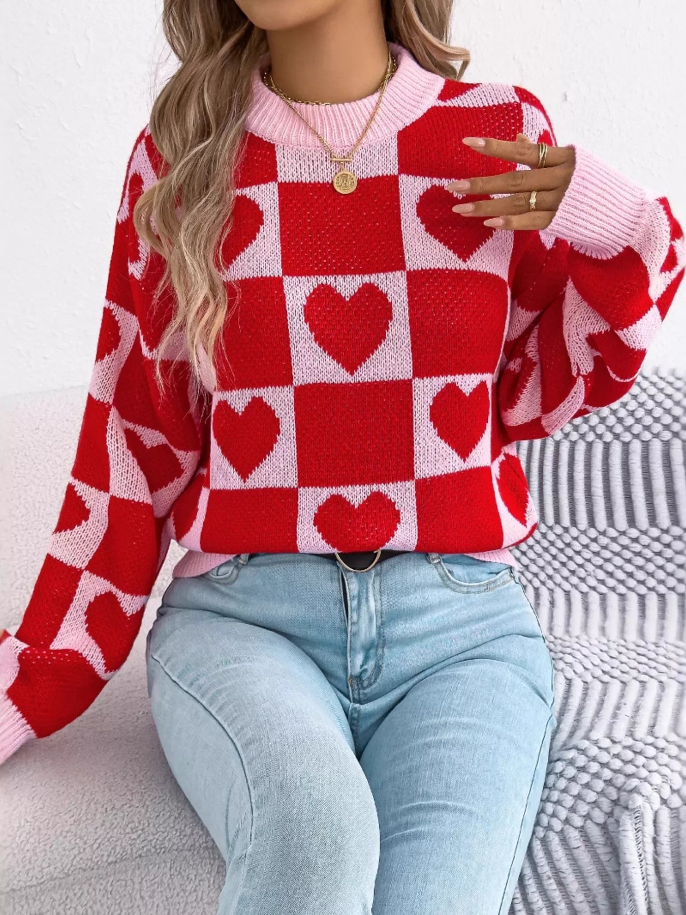 Heart Checkerboard Pattern Round Neck Sweater