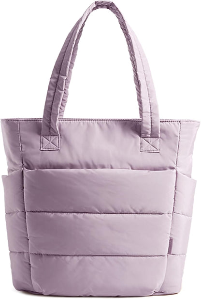 Women's Quilted Tote Bag Lightweight Puffy Shoulder Bag with Compartments F-pinkish-purple-slim Size Slim Size