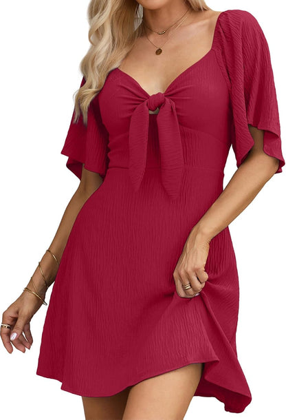 Women's Deep V-Neck Mini Dress with Bow Tie - Elegant Summer Fall Outfit Burgundy