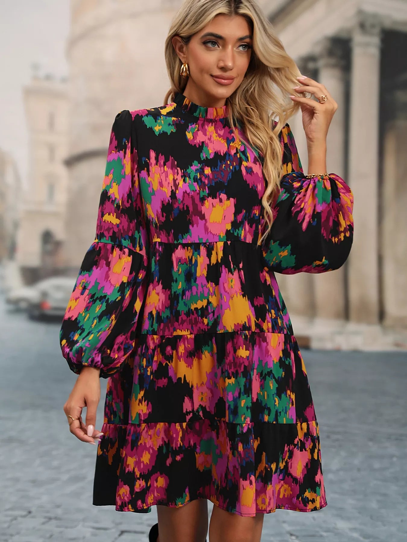 Printed Balloon Sleeve Mini Dress