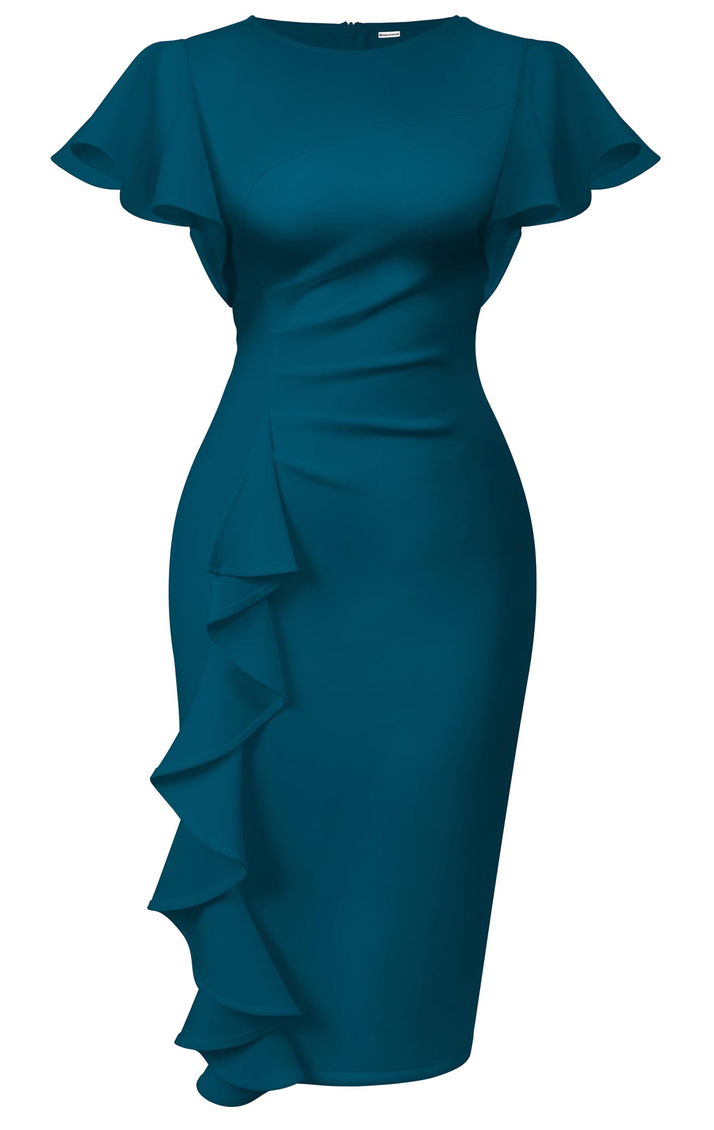 Cato Fashions Online - Women's Vintage Ruffle Sleeve Bodycon Midi Dress - Church Work Office Pencil Dress Peacock Blue