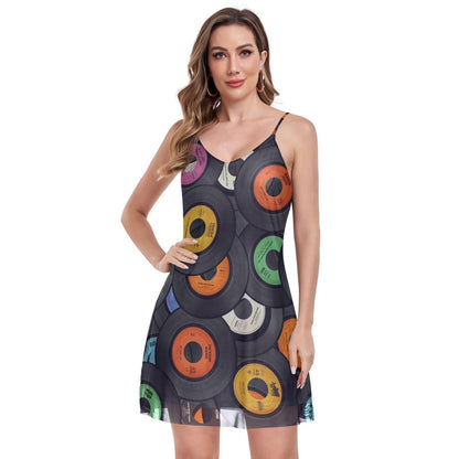 Women's Vinyl Records Print Summer Dress - Sleeveless Halter Sundress with Pockets Multicoloured