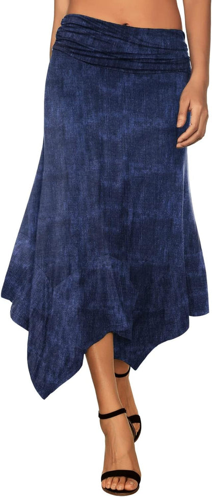 Women's Flowy Handkerchief Hemline Midi Skirt - Elastic Waist Asymmetrical Hem Denim Print