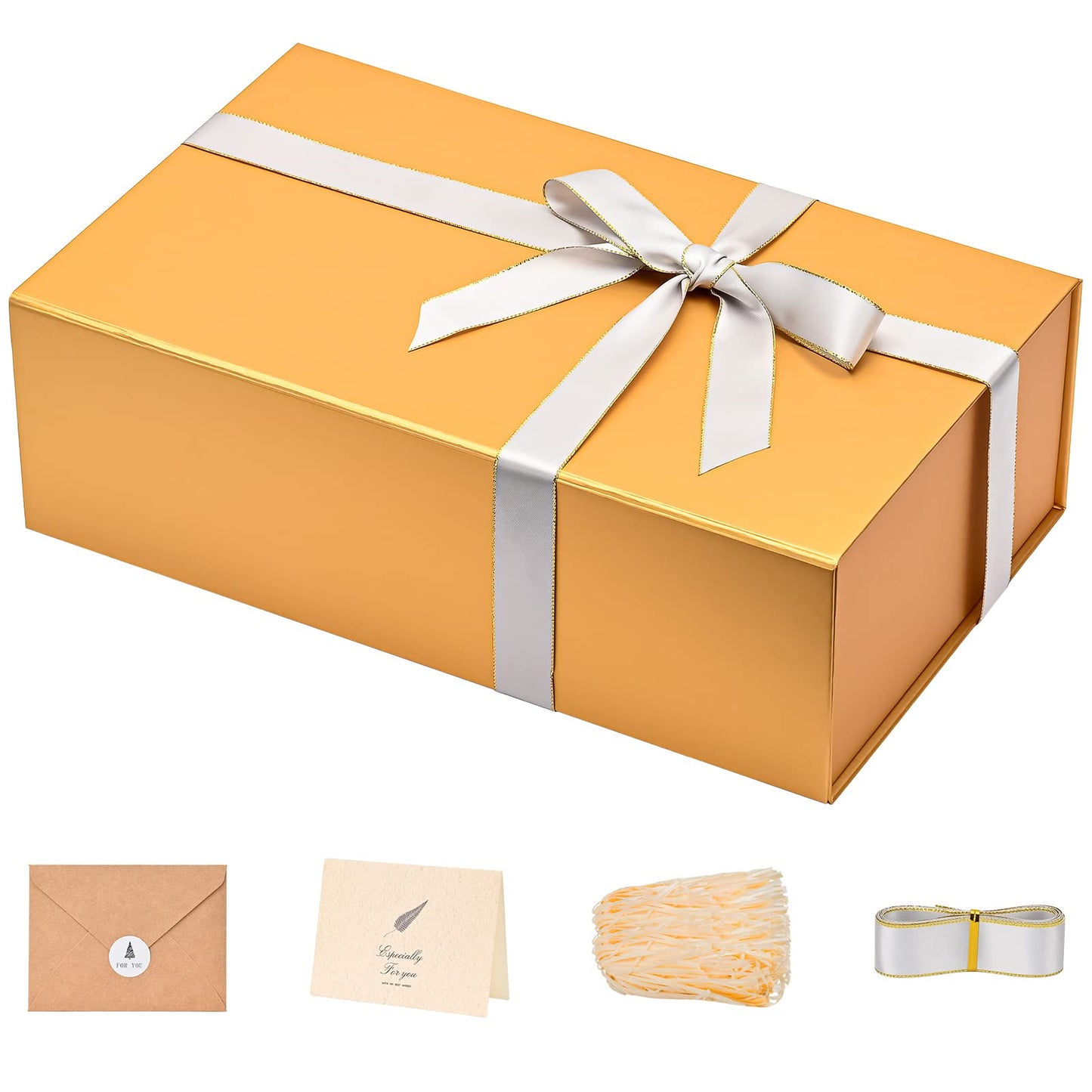 Gift Boxes with Lids 2 Pack - Magnetic Closure with Ribbon, Card, Filler & Sticker 1 Count (Pack of 1) Gold