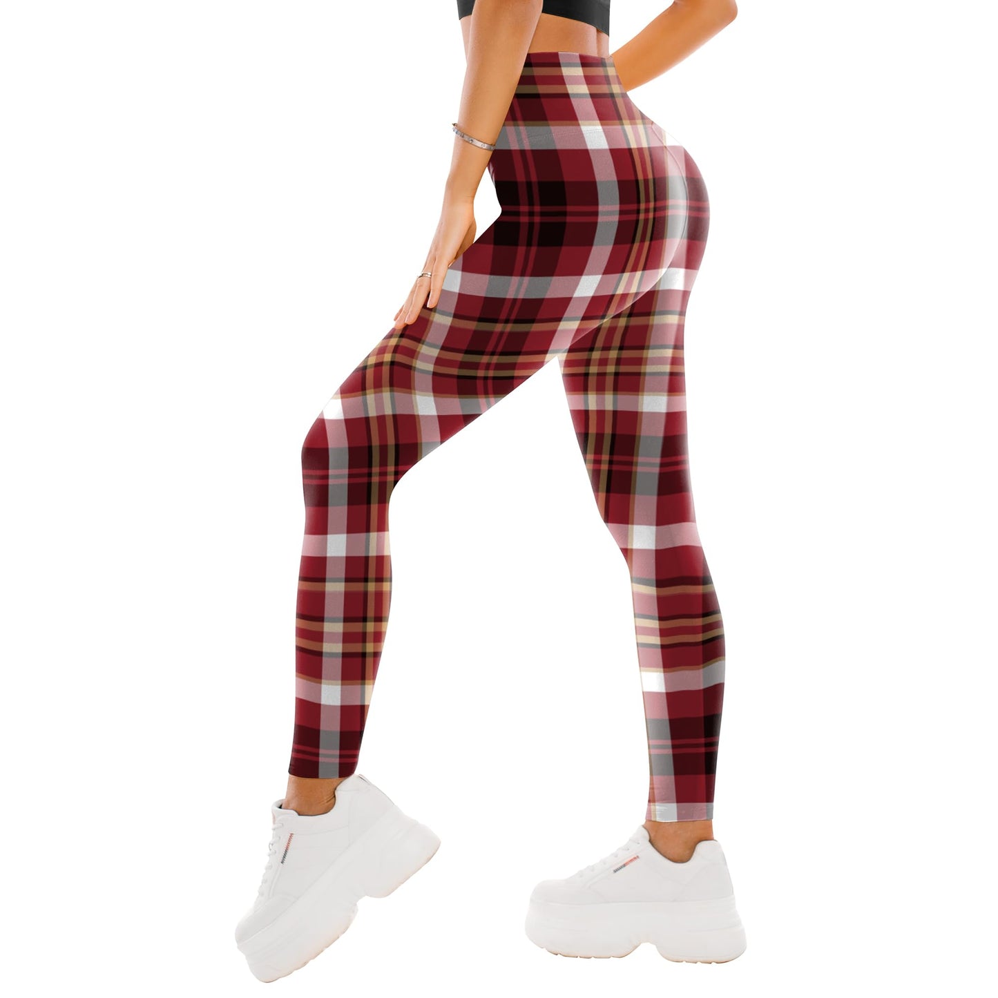 High Waisted Leggings for Women - Buttery Soft Yoga Pants with Tummy Control Full Length Black Red Plaid