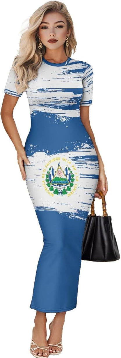 Women's Jamaican Flag Bodycon Midi Dress Short Sleeve