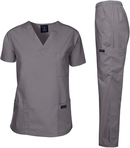 Medical Scrubs Set Unisex - V-Neck Top and Elastic Waist Pants Uniform for Healthcare Workers Pewter Gray