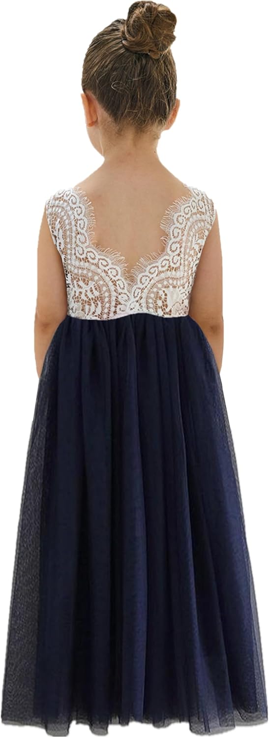 Girls Tulle Flower Girl Dress - Lace Back A-Line Party Dress Navy Sleeveless Maxi