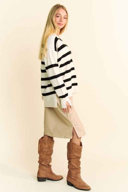 Back To School Sweater - Davi & Dani High-Low Side Slit Striped Johnny Collar Sweater