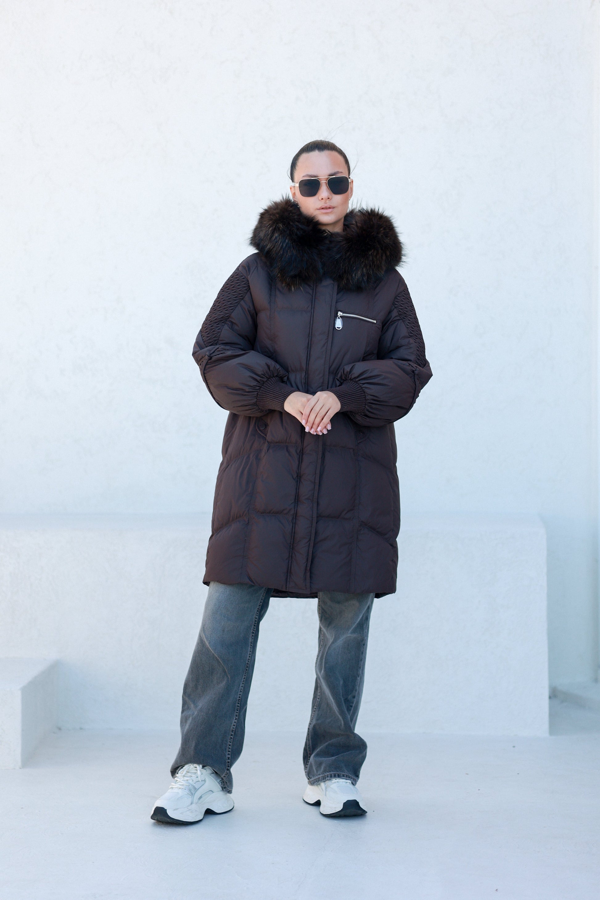 Dakota Genuine Fur Trim Down Fill Coat in Chocolate