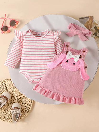 Children's Ruffled Trim Bodysuit and Dress Set with Headband Blush Pink